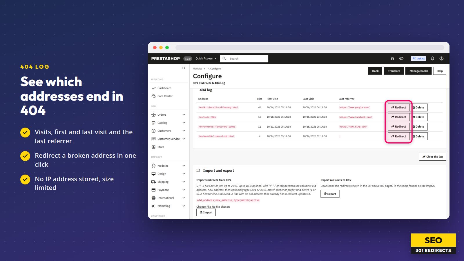 301 Redirects & 404 Log