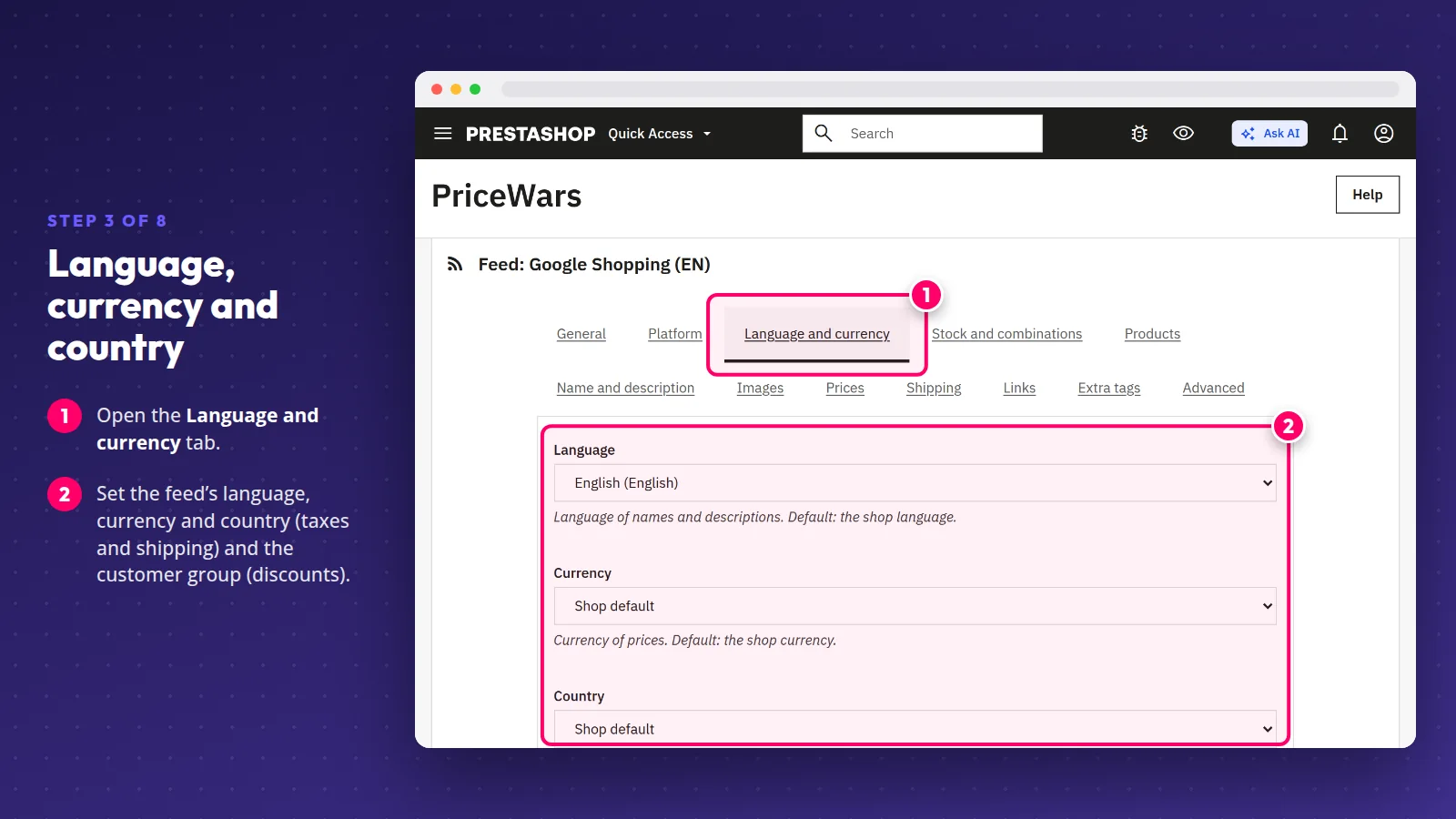 PriceWars: Language, currency and country